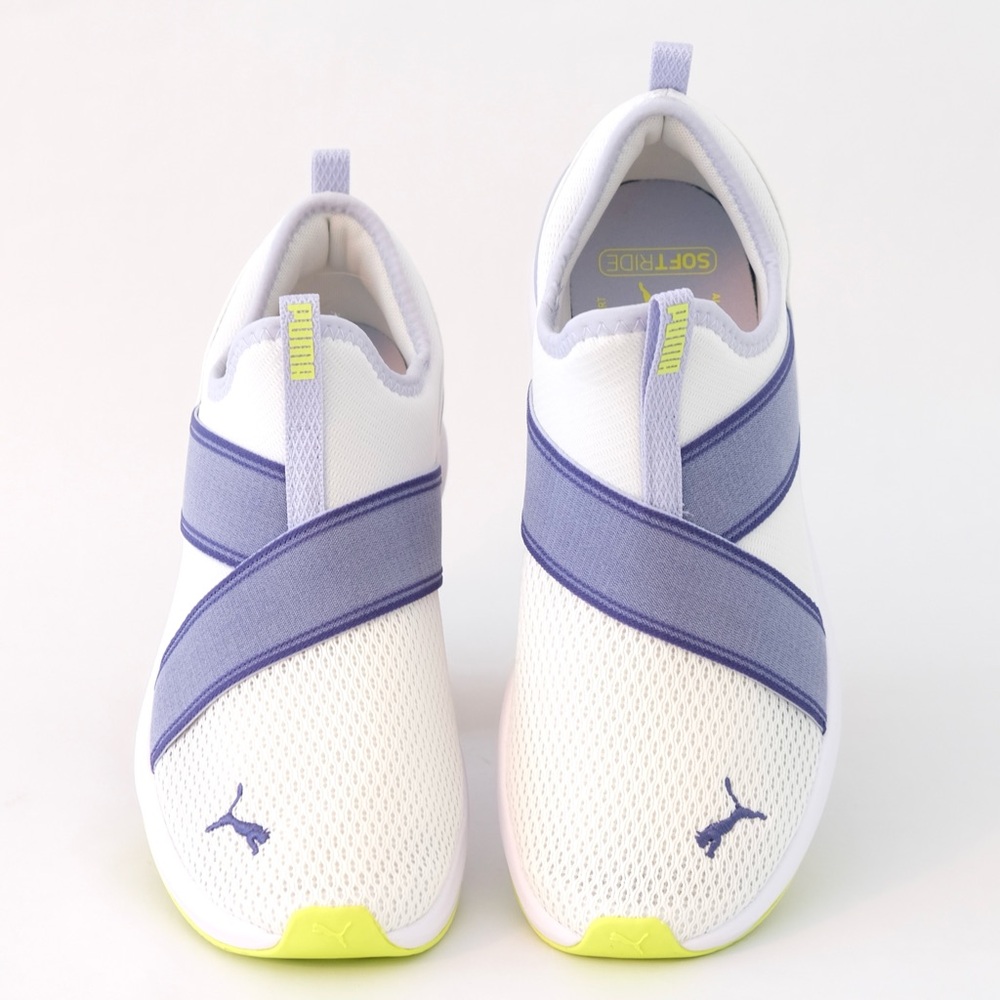 Puma Women’s SoftRide Harli White and Purple Slip-On Sneakers
